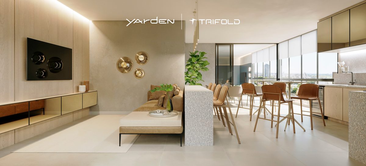 Sports bar do rooftop do Yarden, com sofá, balcão alto e banquetas junto às janelas
