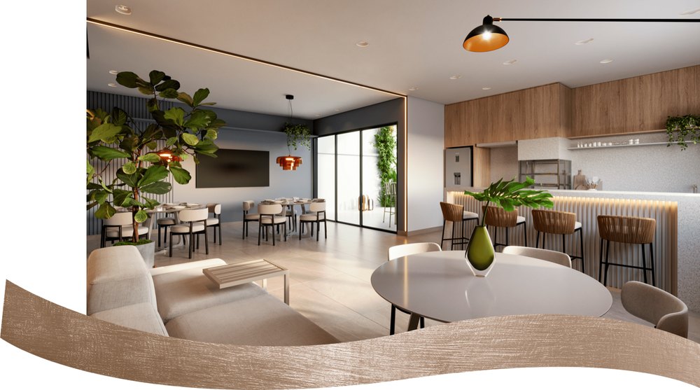 Lounge com cozinha gourmet integrada em área comum do Yarden